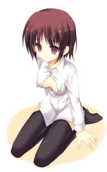Rule 34 | 1girl, :3, black thighhighs, breasts, brown hair, cleavage, collared shirt, female focus, full body, kneeling, medium breasts, meito (maze), no shoes, open clothes, open shirt, purple eyes, red hair, seiza, shirt, short hair, simple background, sitting, smile, solo, thighhighs