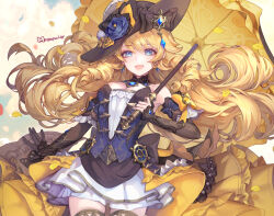 Rule 34 | 1girl, bare shoulders, black dress, black hat, blonde hair, blue eyes, blush, boots, breasts, cleavage, detached collar, detached sleeves, dress, drill hair, drill sidelocks, flower, genshin impact, hat, hat feather, hat flower, hayanpool, highres, jewelry, long hair, looking at viewer, medium breasts, navia (genshin impact), necklace, open mouth, parasol, sidelocks, skirt, smile, solo, thighlet, umbrella, yellow skirt