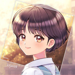 Rule 34 | 1girl, artist name, black hair, blue dress, blush, bob cut, brown eyes, bush, closed mouth, commentary, dress, dress shirt, dusk, foliage, from behind, from side, hair strand, highres, kdc (tamaco333), looking at viewer, looking back, portrait, ranma 1/2, school uniform, shirt, short hair, smile, solo, tendou akane, viewfinder, white shirt