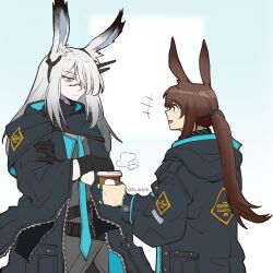 Rule 34 | +++, 2girls, alternate universe, amiya (arknights), animal ears, arknights, black collar, black gloves, black jacket, blue background, blue necktie, brown hair, clothes writing, coffee cup, collar, commentary, cowboy shot, crossed arms, cup, disposable cup, dlanon, ear ornament, english commentary, frostnova (arknights), gloves, grey eyes, grey hair, grey shirt, holding, holding cup, hood, hood down, hooded jacket, infection monitor (arknights), jacket, jewelry, long hair, multiple girls, multiple rings, necktie, open clothes, open jacket, open mouth, ponytail, rabbit ears, rabbit girl, ring, scar, scar on face, scar on nose, shirt, sideways mouth, simple background, thumb ring, twitter username