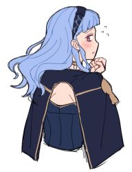 Rule 34 | 1girl, back, back cutout, back focus, bags under eyes, black capelet, black hairband, blue hair, blush, brown eyes, capelet, clothing cutout, commentary request, cropped torso, do m kaeru, fire emblem, fire emblem: three houses, fire emblem warriors, fire emblem warriors: three hopes, flying sweatdrops, from behind, hairband, hand up, long hair, looking at viewer, looking back, marianne von edmund, nintendo, official alternate costume, official alternate hair length, official alternate hairstyle, parted lips, simple background, solo, white background