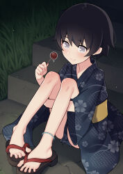 Rule 34 | 1girl, anklet, black hair, blue kimono, candy, closed mouth, feet, floral print, food, full body, grey eyes, highres, holding, holding candy, holding food, holding lollipop, hugging own legs, japanese clothes, jewelry, kimono, knees up, legs, lollipop, looking at viewer, night, nishikasai munieru, obi, original, outdoors, print kimono, sandals, sash, short hair, sitting, smile, solo, spread toes, stairs, toenails, toes, wide sleeves, yellow sash, yukata
