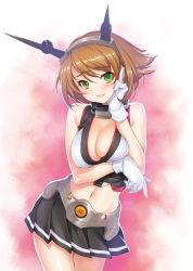 Rule 34 | 10s, 1girl, bare shoulders, bikini, bikini top only, breasts, brown hair, cleavage, contrapposto, eyelashes, gloves, green eyes, hair ornament, hairband, hand on own face, headgear, kantai collection, kazuma muramasa, large breasts, lips, looking at viewer, midriff, miniskirt, mutsu (kancolle), navel, parted lips, pleated skirt, short hair, skirt, smile, solo, standing, swimsuit, white gloves