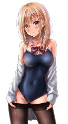 Rule 34 | 1girl, bare shoulders, blonde hair, blue one-piece swimsuit, blush, bow, bowtie, breasts, brown eyes, brown pantyhose, clothes pull, collarbone, competition school swimsuit, contrapposto, covered navel, cowboy shot, dress shirt, earrings, fine fabric emphasis, frown, hair between eyes, highres, hoop earrings, jewelry, long sleeves, looking at viewer, medium breasts, medium hair, off shoulder, one-piece swimsuit, original, pantyhose, pantyhose pull, pulling own clothes, red bow, red bowtie, school swimsuit, shiny clothes, shiny legwear, shirt, simple background, sleeves past wrists, solo, standing, striped bow, striped bowtie, striped clothes, swimsuit, taut clothes, taut swimsuit, white background, white shirt, yukemuriganmo