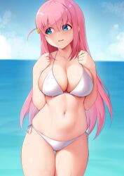 Rule 34 | 1girl, averting eyes, bikini, blue eyes, blue sky, bocchi the rock!, breasts, cloud, day, gluteal fold, gotoh hitori, hands up, highres, large breasts, long hair, looking to the side, navel, ocean, open mouth, outdoors, pink hair, shy, side-tie bikini bottom, side ahoge, skindentation, sky, solo, stomach, swimsuit, thigh gap, thighs, unsfrau, very long hair, wet, white bikini