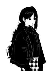 1girl :&lt; cross cross_necklace greyscale jacket jewelry lips long_hair long_sleeves looking_ahead low_ponytail mole mole_under_eye monochrome muryo necklace original ponytail single_sidelock skirt solo turtleneck upper_body wide_sleeves