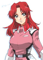 Rule 34 | 1girl, absurdres, blue eyes, flay allster, gundam, gundam seed, highres, jacket, long hair, looking at viewer, military, military uniform, parted lips, pink jacket, red hair, shiina yousei, solo, standing, uniform, upper body, white background, wing collar