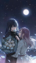 Rule 34 | 2girls, absurdres, black coat, black hair, black shirt, blue eyes, blue flower, blue rose, bouquet, closed mouth, coat, commentary, earrings, flower, gradient hair, highres, holding, holding bouquet, jewelry, long hair, long sleeves, looking at another, moon, multicolored hair, multiple girls, night, night sky, outdoors, path to nowhere, rahu (path to nowhere), red hair, rekari (rekari628), rose, shalom (path to nowhere), shirt, sky, smile, upper body, white coat, white hair, yuri