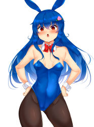 Rule 34 | 1girl, animal ears, black pantyhose, blue hair, blue leotard, blush, bow, bowtie, breasts, cleavage, cowboy shot, daichi (tokoya), food-themed hair ornament, hair ornament, highres, hinanawi tenshi, leotard, long hair, looking at viewer, open mouth, pantyhose, peach hair ornament, playboy bunny, rabbit ears, red bow, red bowtie, red eyes, simple background, small breasts, solo, standing, touhou, white background, wrist cuffs