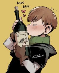 Rule 34 | 1boy, alcohol, blush, bottle, brown gloves, brown hair, chilchuck tims, closed eyes, dungeon meshi, fingerless gloves, gloves, heart, highres, holding, holding bottle, male focus, neck warmer, object kiss, signature, simple background, solo, tmr0621, upper body, wine bottle, yellow background