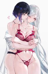 Rule 34 | 2girls, absurdres, alternate costume, bare shoulders, black panties, blue eyes, blue hair, blush, bra, breasts, closed mouth, collarbone, commentary request, cowboy shot, genshin impact, green eyes, grey hair, heart, heart necklace, highres, hug, jewelry, large breasts, lipstick mark, long hair, looking at another, multiple girls, navel, necklace, off shoulder, one eye closed, paid reward available, panties, qiandaiyiyu, red bra, red garter belt, red garter straps, red panties, shenhe (genshin impact), shirt, short hair, simple background, smile, thighs, underwear, white background, white shirt, yelan (genshin impact), yuri