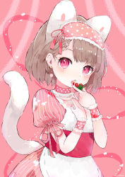 Rule 34 | 1girl, absurdres, animal ears, apron, blush, brown hair, cat ears, cat girl, cat tail, commentary request, dress, earrings, eyebrows hidden by hair, fang, food, frills, fruit, highres, holding, holding food, jewelry, lolita fashion, looking at viewer, mask, mask on head, niseneko (mofumofu ga ienai), open mouth, original, pink background, pink dress, pink ribbon, puffy short sleeves, puffy sleeves, red eyes, ribbon, short hair, short sleeves, sleep mask, solo, strawberry, striped clothes, striped dress, sweet lolita, tail, tail raised, vertical-striped clothes, vertical-striped dress, white apron, wrist cuffs
