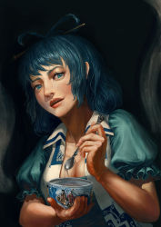 Rule 34 | 1girl, amibazh, bare arms, blue dress, blue hair, bowl, breasts, cleavage, collarbone, collared vest, commentary request, dress, fine art parody, frilled sleeves, frills, green eyes, hair ornament, hair rings, hair stick, hands up, holding, holding bowl, holding spoon, kaku seiga, lips, looking at viewer, medium breasts, medium hair, mole, mole under mouth, open mouth, parody, puffy short sleeves, puffy sleeves, short sleeves, smile, solo, spoon, teeth, touhou, upper body, upper teeth only, vest, wing collar