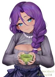 1girl absurdres blue_eyes breasts cha_cha_(vtuber) cleavage_cutout closed_mouth clothing_cutout cup earrings green_tea grey_sweater hair_between_eyes highres holding holding_cup indie_virtual_youtuber jewelry long_braid long_hair long_sleeves mole mole_under_mouth muciduci5 necklace pearl_hair_ornament pearl_necklace purple_hair ribbed_sweater solo sweater tan tea twitter_username virtual_youtuber white_nails