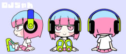 Rule 34 | 1girl, black headphones, blue background, blunt bangs, blunt ends, blush stickers, check copyright, closed mouth, commentary request, copyright request, from behind, from side, full body, looking ahead, looking at viewer, miniskirt, multiple views, off-shoulder shirt, off shoulder, original, pink eyes, pink hair, pink skirt, pink wristband, shirt, shoes, simple background, single bare shoulder, single off shoulder, skirt, smile, sneakers, straight-on, t-shirt, terada tera, v-shaped eyebrows, white footwear, white shirt