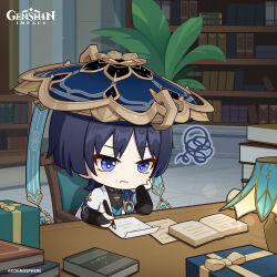 Rule 34 | 1boy, absurdres, black hair, blue eyes, book, bookshelf, box, bridal gauntlets, chibi, commentary, copyright name, dot nose, english commentary, genshin impact, gift, gift box, hat, highres, holding, holding pen, indoors, jingasa, lamp, makeup, male focus, official art, on chair, open book, open mouth, paper, parted bangs, pen, plant, scaramouche (genshin impact), solo, squiggle, vision (genshin impact), wanderer (genshin impact)