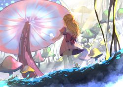 Rule 34 | 1girl, absurdres, blonde hair, braid, child, dress, fantasy, forest, french braid, from behind, full body, giant mushroom, highres, light rays, long hair, midori (lauchuiyinglove228), mushroom, nature, original, outdoors, pantyhose, pink dress, scenery, short sleeves, solo, sunlight, white pantyhose