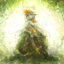 Rule 34 | 1girl, aliasing, breasts, colored skin, commentary request, creature, dated commentary, flower, full body, green background, green skin, grey hair, hair flower, hair ornament, leaf, light smile, long hair, looking at viewer, lowres, monster girl, orange eyes, original, parted lips, petting, plant girl, pointy ears, rakuni, roots, small breasts, solo, very long hair