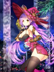 Rule 34 | 1girl, bad id, bad pixiv id, black thighhighs, breasts, cleavage, dress, finger to mouth, gambe, hat, index finger raised, jewelry, large breasts, long hair, looking at viewer, original, purple hair, red hat, smile, solo, thighhighs, water, witch hat, yellow eyes