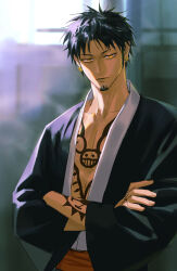 Rule 34 | 1boy, absurdres, arm tattoo, black hair, blurry, blurry background, chest tattoo, closed mouth, collarbone, commentary, crossed arms, earrings, expressionless, facial hair, goatee, highres, jewelry, looking at viewer, male focus, one piece, qinyu0314, short hair, sideburns, sidelighting, solo, symbol-only commentary, tattoo, trafalgar law, upper body, wide sleeves, yellow eyes