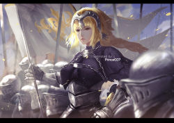 Rule 34 | 1girl, armor, armored dress, army, battle, blonde hair, blue bow, blue dress, blue eyes, bow, braid, capelet, chain, closed mouth, dress, fate/apocrypha, fate/grand order, fate (series), faulds, flag, gauntlets, george christian, headpiece, highres, holding, holding flag, holding polearm, holding spear, holding weapon, jeanne d&#039;arc (fate), jeanne d&#039;arc (ruler) (fate), landscape, letterboxed, long braid, long hair, plackart, polearm, single braid, soldier, solo, spear, standard bearer, weapon
