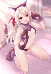 Rule 34 | :3, :d, animal ears, animal hands, bell, breasts, carpet, cat ears, cat tail, e (eokiba), fate/kaleid liner prisma illya, fate (series), fur-trimmed gloves, fur trim, gloves, highres, illyasviel von einzbern, illyasviel von einzbern (beast style), jingle bell, kneeling, long hair, navel, on floor, open mouth, paw gloves, red eyes, ribbon, small breasts, smile, tail, tail bell, tail ornament, tail ribbon, two side up, underboob, white hair