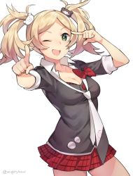 Rule 34 | 1girl, blonde hair, breasts, cleavage, cosplay, danganronpa: trigger happy havoc, danganronpa (series), enoshima junko, enoshima junko (cosplay), fire emblem, fire emblem awakening, ge-b, green eyes, hair ornament, lissa (fire emblem), long hair, looking at viewer, medium breasts, necktie, nintendo, one eye closed, open mouth, short twintails, skirt, sleeves rolled up, smile, solo, spoilers, twintails, v, white background