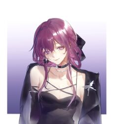 Rule 34 | 1girl, bare shoulders, bead necklace, beads, black choker, black dress, breasts, choker, cleavage, commentary request, dress, gradient background, highres, honkai: star rail, honkai (series), jewelry, kafka (honkai: star rail), long hair, medium breasts, motuwangchuan, necklace, purple background, purple eyes, purple hair, sleeveless, sleeveless dress, solo, upper body