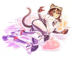 Rule 34 | 1girl, android, animal ears, black shorts, blush, breasts, brown hair, cat ears, cat tail, closed mouth, commentary, full body, glasses, green eyes, grin, hair between eyes, heart, heart-shaped pillow, highres, hololive, kemonomimi mode, looking at viewer, lying, magari (c0rn3r), mechanical arms, mechanical legs, medium breasts, midriff, multicolored hair, navel, on side, pillow, red hair, roboco-san, roboco-san (high-spec t-shirt), shirt, short hair, short shorts, shorts, simple background, smile, solo, streaked hair, t-shirt, tail, thighs, traditional media, two-tone hair, virtual youtuber, white background, white shirt
