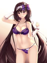 Rule 34 | 1girl, bare shoulders, blush, bow, bra, breasts, brown hair, cleavage, detached sleeves, fate (series), fukuda shuushi, gradient background, hair between eyes, hair bow, hairband, hand in own hair, highres, long hair, looking at viewer, medium breasts, navel, open mouth, osakabehime (fate), panties, parted lips, purple bra, purple eyes, purple panties, skindentation, solo, thighs, twintails, underwear, underwear only, very long hair