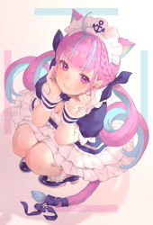 Rule 34 | 1girl, absurdres, ahoge, animal ears, ankle socks, aqua nails, arm rest, bibimbub, blue ribbon, braid, breasts, cat ears, cat tail, cleavage, colored inner hair, commentary, english commentary, french braid, frilled skirt, frills, from above, hair ribbon, hands on own cheeks, hands on own face, highres, hololive, kemonomimi mode, looking at viewer, maid headdress, mary janes, minato aqua, minato aqua (1st costume), multicolored hair, nail polish, purple eyes, purple hair, ribbon, shoes, skirt, smile, socks, solo, squatting, streaked hair, tail, tail ornament, tail ribbon, twintails, virtual youtuber, wrist cuffs