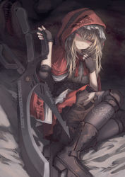 Rule 34 | 1girl, blonde hair, boots, brown footwear, cape, elbow pads, english text, fingerless gloves, gloves, graphite (medium), hair between eyes, highres, holding, holding weapon, hood, knee pads, little red riding hood, little red riding hood (grimm), long hair, looking at viewer, original, osobachan, red cape, red eyes, revision, scissors, skirt, smile, solo, thighhighs, traditional media, weapon