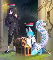 Rule 34 | 2boys, animal ears, archon eclipse, blue footwear, blue hair, boots, highres, hood, hood up, indie virtual youtuber, long sleeves, looking down, male focus, matemi, multiple boys, one eye closed, purple eyes, purple hair, short hair, shoto (vtuber), squatting, standing, tail, thigh boots, trap, treasure chest, virtual youtuber, wide sleeves