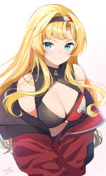 Rule 34 | 1girl, aqua eyes, black hairband, blonde hair, breasts, cleavage, cleavage cutout, clothing cutout, coat, dated, floating hair, granblue fantasy, hairband, highres, large breasts, long hair, long sleeves, looking at viewer, mochiko tsuru, open clothes, open coat, red coat, red hairband, signature, simple background, smile, solo, two-tone hairband, upper body, very long hair, white background, zeta (granblue fantasy)
