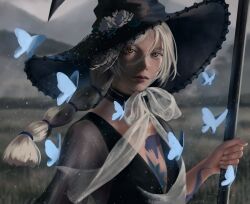 Rule 34 | 1girl, black dress, blue butterfly, bug, butterfly, butterfly wings, dress, hat, holding, holding staff, hollizho, insect, insect wings, long hair, original, ponytail, sheer sleeves, snake, solo, staff, tattoo, white hair, wings, witch, witch hat, yellow eyes