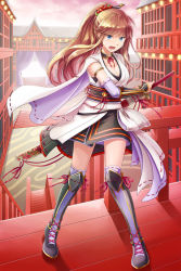 Rule 34 | 1girl, architecture, armored boots, black sash, black skirt, blue eyes, boots, breasts, brown hair, cleavage, commentary request, detached sleeves, east asian architecture, fighting stance, flower, full body, hair flower, hair ornament, hair stick, high ponytail, holding, holding sword, holding weapon, japanese clothes, kimono, kneehighs, long hair, looking at viewer, medium breasts, natsuya (kuttuki), neck ribbon, obi, open mouth, ready to draw, red flower, red ribbon, ribbon, ribbon-trimmed legwear, ribbon-trimmed sleeves, ribbon trim, sash, skirt, sleeveless, sleeveless kimono, socks, solo, sword, thighhighs, venus blade, weapon, white kimono, white sleeves, white socks, white thighhighs