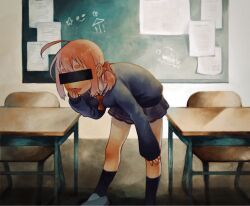Rule 34 | 1girl, ahoge, aruko okara, bar censor, bent over, black cardigan, black socks, bow, bowtie, cardigan, censored, chair, chalk, chalkboard, chibi, chibi inset, classroom, covering own mouth, desk, facing viewer, foot out of frame, hair bow, hand on own knee, hand over own mouth, hand up, highres, identity censor, indie virtual youtuber, kneehighs, loose bowtie, low twintails, omikoshi (oa0cc), pink hair, red bow, red bowtie, school chair, school desk, shoes, short eyebrows, short hair, short twintails, sleeves past wrists, sneakers, socks, thick eyebrows, tokumei radio, twintails, virtual youtuber