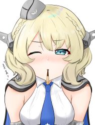 Rule 34 | 1girl, absurdres, blonde hair, blue eyes, blue necktie, braid, breasts, colorado (kancolle), commentary request, food, garrison cap, grey hat, hat, headgear, highres, himenagi yuuki, kantai collection, large breasts, looking at viewer, mouth hold, necktie, one eye closed, pocky, pocky kiss, shared food, shirt, short hair, side braids, simple background, sleeveless, solo, upper body, white background, white shirt