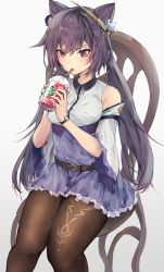 Rule 34 | 1girl, bare shoulders, belt, black pantyhose, blush, casual, chair, cone hair bun, detached sleeves, double bun, dress, drink, drinking straw, frilled dress, frilled sleeves, frills, genshin impact, hair bun, hair ornament, half-closed eyes, highres, keqing (genshin impact), long sleeves, pantyhose, purple eyes, purple hair, shinonome tsukasa, simple background, sitting, solo, starbucks, sweatdrop, thighs, twintails, watch, white background, wide sleeves