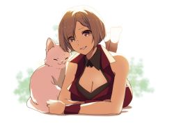 Rule 34 | 1girl, absurdres, barefoot, breasts, brown eyes, brown hair, cat, cleavage, highres, looking at viewer, lying, meiko (vocaloid), on stomach, short hair, sleeveless, smile, solo, vocaloid, wristband, yen-mi