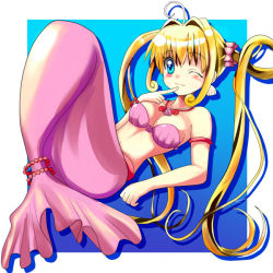 Rule 34 | 00s, 1girl, ;), ahoge, arm support, armlet, blonde hair, blue background, blue eyes, blush, bracelet, breasts, cleavage, earrings, finger to mouth, gradient background, hair intakes, jewelry, knees up, long hair, medium breasts, mermaid, mermaid melody pichi pichi pitch, miru, monster girl, nanami lucia, one eye closed, pendant, reclining, shadow, shell, shell bikini, shell earrings, smile, solo, twintails, wink
