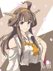 Rule 34 | 1girl, ahoge, ailiner7060, bare shoulders, black sash, blush, breasts, brown hair, cherry blossoms, closed mouth, commentary request, detached sleeves, double bun, hair bun, hair over shoulder, hairband, headgear, highres, japanese clothes, jewelry, kantai collection, kimono, kongou (kancolle), kongou kai ni (kancolle), long hair, long sleeves, nontraditional miko, petals, purple eyes, red ribbon, ribbon, ribbon-trimmed sleeves, ribbon trim, ring, sash, sidelocks, smile, solo, sparkle, upper body, wedding band, white kimono, wide sleeves