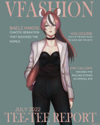 Rule 34 | 1girl, alternate hairstyle, animal ears, black choker, black hair, black pants, blue eyes, breasts, choker, cleavage, commentary, contrapposto, cover, english commentary, english text, fake cover, fake magazine cover, fallenspherell, hakos baelz, hand in pocket, high-waist pants, highres, hololive, hololive english, jacket, large breasts, magazine cover, mouse ears, multicolored hair, pants, ponytail, red hair, solo, virtual youtuber, white hair, white jacket