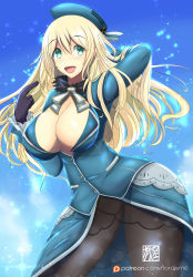 Rule 34 | 10s, 1girl, aqua eyes, atago (kancolle), blonde hair, blush, breasts, cleavage, curvy, female focus, happy, hat, highres, huge breasts, kantai collection, large breasts, long hair, looking at viewer, open mouth, smile, solo, torahimemax, wide hips