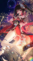 Rule 34 | 1girl, absurdres, bare shoulders, black gloves, black hair, commentary request, detached sleeves, dress, fireworks, floating, fox mask, gloves, highres, honkai: star rail, honkai (series), koi, long hair, looking at viewer, mask, mask on head, mole, mole under each eye, mole under eye, multiple moles, night, night sky, obi, pistachiocream, red dress, red eyes, sash, single glove, sky, sleeveless, sleeveless dress, solo, sparkle (honkai: star rail), twintails, water drop