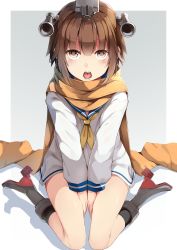 Rule 34 | 10s, 1girl, between legs, blush, brown eyes, brown hair, commentary request, dress, hair ornament, hand between legs, headgear, highres, kantai collection, looking at viewer, mafu9, open mouth, revision, sailor dress, scarf, school uniform, serafuku, short hair, sitting, solo, v arms, wariza, yukikaze (kancolle)