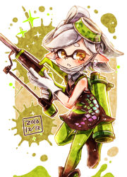 Rule 34 | + +, 1girl, ankle boots, bad id, bad pixiv id, black footwear, boots, brown eyes, dated, detached collar, dress, earrings, food, food on head, full body, gloves, green pantyhose, grey hair, harutarou (orion 3boshi), hero charger (splatoon), highres, holding, holding weapon, ink tank (splatoon), inkling, jewelry, leg up, looking at viewer, marie (splatoon), mask, mask pull, mole, mole under eye, mouth mask, nintendo, object on head, pantyhose, parted lips, pointy ears, short dress, short hair, solo, splatoon (series), splatoon 1, squidbeak splatoon, standing, standing on one leg, strapless, strapless dress, tentacle hair, weapon, white gloves