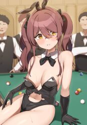 Rule 34 | 1girl, 3boys, absurdres, alternate costume, animal ears, arm support, black bow, black bowtie, black gloves, black leotard, blush, bow, bowtie, breasts, brown hair, clothing cutout, commentary request, detached collar, fake animal ears, gloves, hair between eyes, hair bow, highres, idolmaster, idolmaster shiny colors, indoors, leotard, long hair, looking at viewer, medium breasts, multiple boys, navel, navel cutout, osaki tenka, playboy bunny, rabbit ears, solo, solo focus, thighs, twintails, wanimaru, yellow eyes