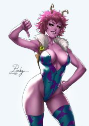 Rule 34 | 10s, 1girl, ashido mina, black sclera, boku no hero academia, breasts, character name, cleavage, colored sclera, colored skin, cropped jacket, dandon fuga, fur trim, grin, horns, large breasts, looking at viewer, pink hair, pink skin, short hair, signature, simple background, skindentation, smile, solo, standing, thighhighs, thumbs down, white background, yellow eyes