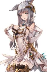 Rule 34 | 1girl, animal ears, blue eyes, blunt bangs, blush, breasts, chobi (sakuyasakuhana), cowboy shot, detached collar, dress, elbow gloves, erune, fang, gem, gloves, gold trim, granblue fantasy, hair ornament, hand on own chest, highres, korwa, long hair, looking at viewer, medium breasts, open mouth, silver hair, simple background, sleeveless, sleeveless dress, solo, standing, thighhighs, white background, white gloves